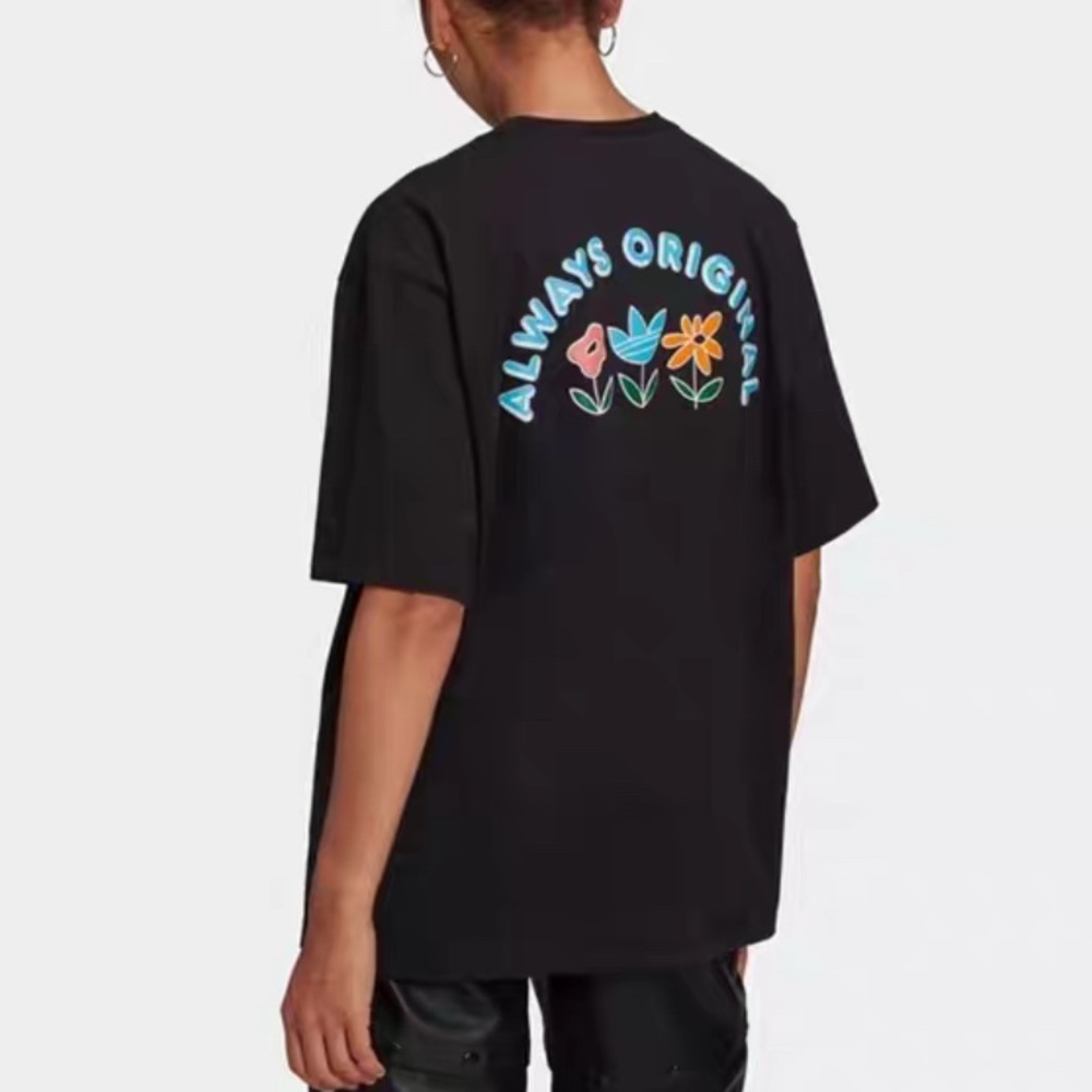 adidas Black Graphic Tee with Colorful Floral Design